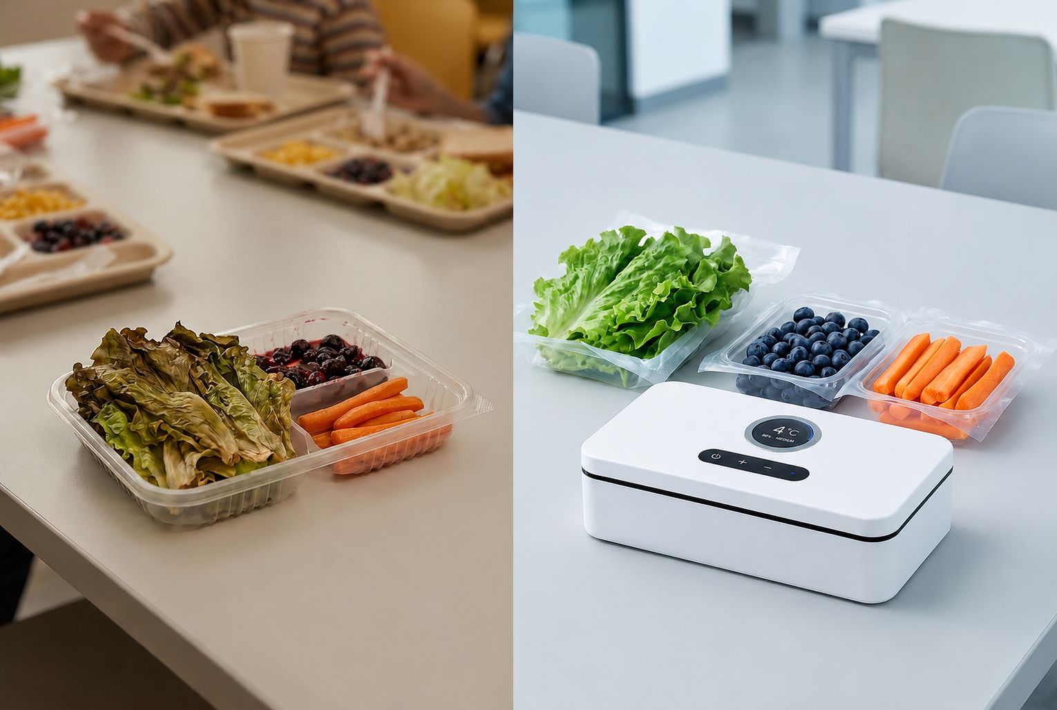 Conventional lunchbox vs LunchiQ smart lunch box — food oxidation comparison